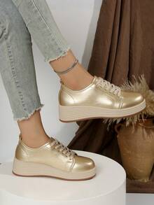 Women's Solid Color Fashion Shoes, Lace-Up Low-Top Thick-Soled Wedge Shoes, Round Toe Versatile Flats - Gold - View 3