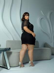 Plus Size Women's Clubwear Set Bodysuit Tulle Shine Transparency Short Sleeve Model Cargo Skirt Elastane Party Clubwear Look Plus Size 44 To 54 - 黑色 - 查看 11