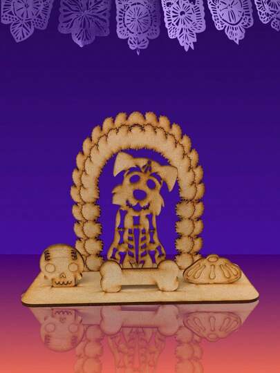 Altarcito Mascota Perro Lomito con Arco y 4 Piezas Desarmables Huesito Lomito Pan Dia de Muertos Calaverita en Madera Mdf