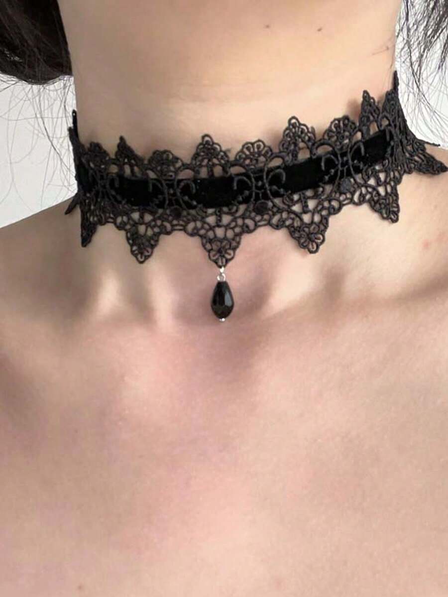 1pc Burgundy Dark Gothic Lace Velvet Strap Choker Necklace, Minimalist Lace Tie Collar Necklace, Halloween Neck Accessory