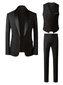 Men's Suit,An Elegant Men's 3-Piece Suit, Including A Shawl-Collar Suit Jacket, A Waistcoat, And Matching Dress Pants. It Functions As Both A Wedding Suit And A Solid-Color Business Casual Suit, Featuring A Formal Suit Set With A Simple And Sleek Design,Suitable For Wearing In Scenarios Such As Daily Leisure, Holiday Events, Business Occasions, Weddings, Dances, And Commuting To Work. It Is Also An Excellent Gift For Boyfriends Or Husbands. - 黑色 - 查看 3