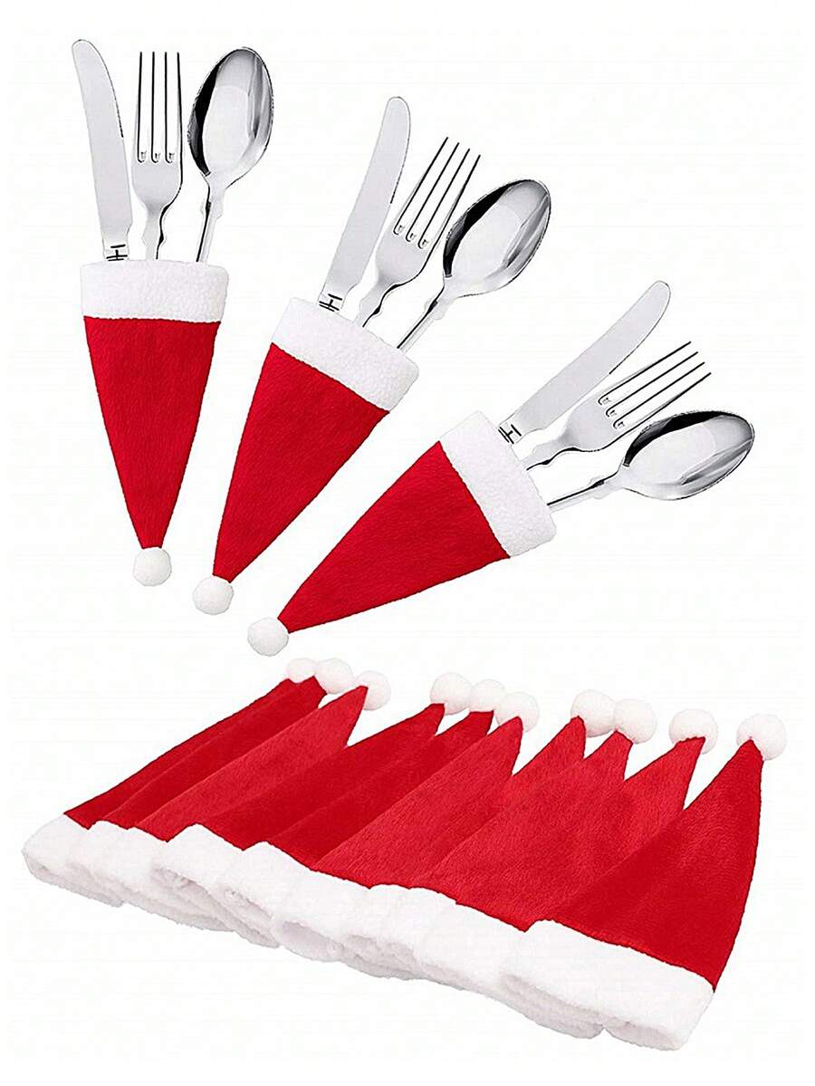 20 piezas/10 piezas/1 pieza Portacubiertos con sombrero de Navidad, Portacubiertos de tela no tejida de Papá Noel en miniatura, Decoraciones para paletas y botellas de vino, Decoración de mesa para fiestas de Navidad, Acción de Gracias y otras ocasiones festivas, Navidad