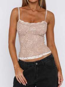 Women Y2k Lace Floral Camisole Patchwork Spaghetti Strap Crop Tank Tops Sleeveless Backless Tank Tops Open Back Going Out Tops Slim Fitted Shirt Basic Tees Club Streetwear Aesthetic Clothes - 卡其色 - 查看 3