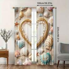 2pcs Heart & Beach Themed 2D Digital Printing Curtains, Washable, Suitable For Bedroom, Living Room, Study And Other Rooms (Rods Not Included) (Not Multi-Layer Curtains) - Multicolor - View 4