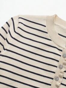 Layered Decorative Long Sleeve Striped Knit Cardigan Sweater - Stripe - View 3