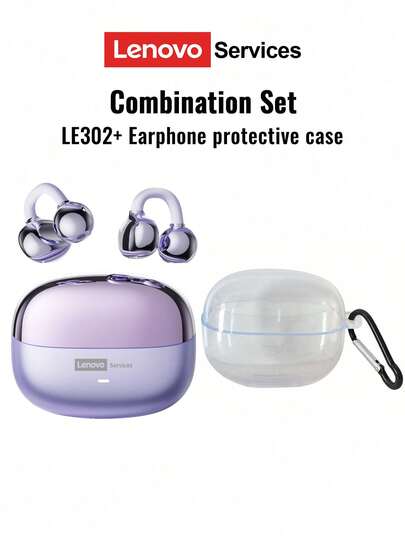  Auriculares Bluetooth Lenovo LE302 con estuche protector transparente, estilo gancho para la oreja, sonido envolvente, audio de alta calidad, baja latencia, música, juegos, audio direccional, cancelación de ruido ENC, llamadas claras, auriculares inalámbricos para correr