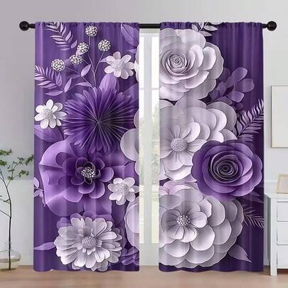 2pcs Elegant Purple Floral Print Curtains - 3D Rose Flower Design, Fashionable Rod Pocket Curtains, Suitable For Bedroom, Kitchen, Office, Living Room, Cafe, Holiday Home - Easy Installation, Machine Washable Polyester (Rods Not Included), Living Room Curtains