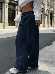Sulojter Casual Loose Solid Color Elastic Waist Sweatpants - Navy Blue - View 6