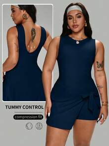 FWH 增强曲线，女士塑身运动连衣裙 - 可调节蝴蝶结腰部，四向弹力面料，裸感面料提臀廓形，松紧腰带 + 塑臀裙，裤裆处有护裆，基本款弹力瑜伽裙，夏季女士连衣裙 - 藏蓝色 - 查看 2