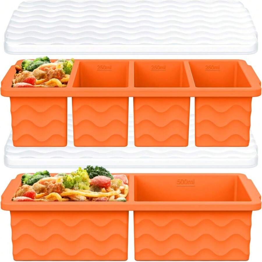 Silicone Freezer Molds For Soup With Lid, 1-Cup & 2-Cup Large Ice Cube Trays Food Storage Containers For Meal Prep, Freeze 250mL/125mL Portions – 2 Pack,21103490 - Màu Cam san hô - Xem 1