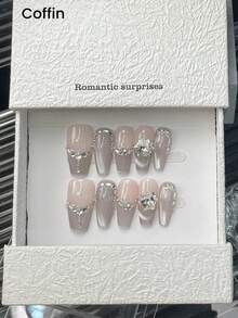 10片白色陶瓷貓眼美甲貼片，水鑽3D高端極簡Y2K手工美甲尖端，夏季風格，中長杏仁梯形，適合日常、約會與度假，女孩與女性理想的DIY禮物 - 銀色 - 查看 15
