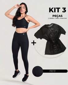 Women's Fitness Set 3-Piece Kit – Complete Gym Look: Top + Leggings + Tulle T-Shirt – 3-In-1 Sports Set – Train With Style And Comfort - 黑色 - 查看 1