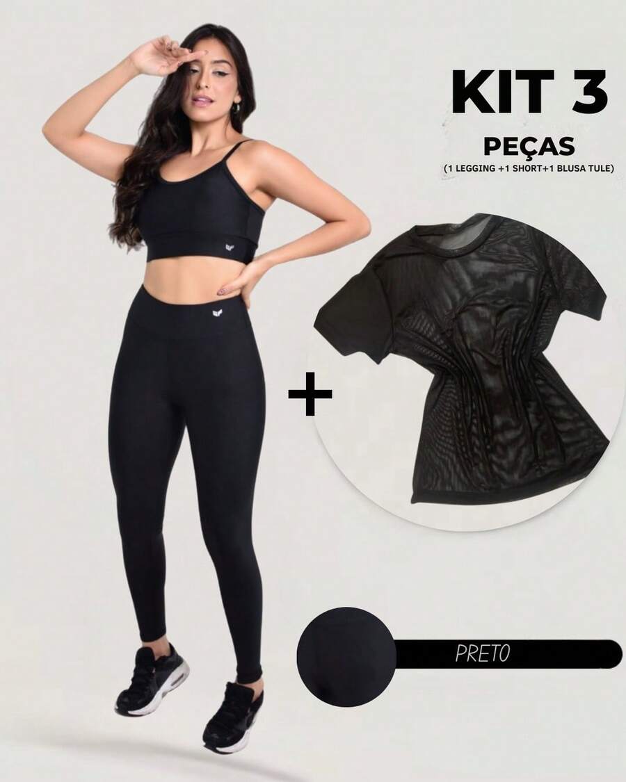 Women's Fitness Set 3-Piece Kit – Complete Gym Look: Top + Leggings + Tulle T-Shirt – 3-In-1 Sports Set – Train With Style And Comfort - 黑色 - 查看 1