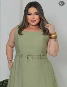 Plus Size Midi Dress With Elegant Belt, Party, Pocket, Wedding, Slit, 46 To 52 - 薄荷綠 - 查看 2