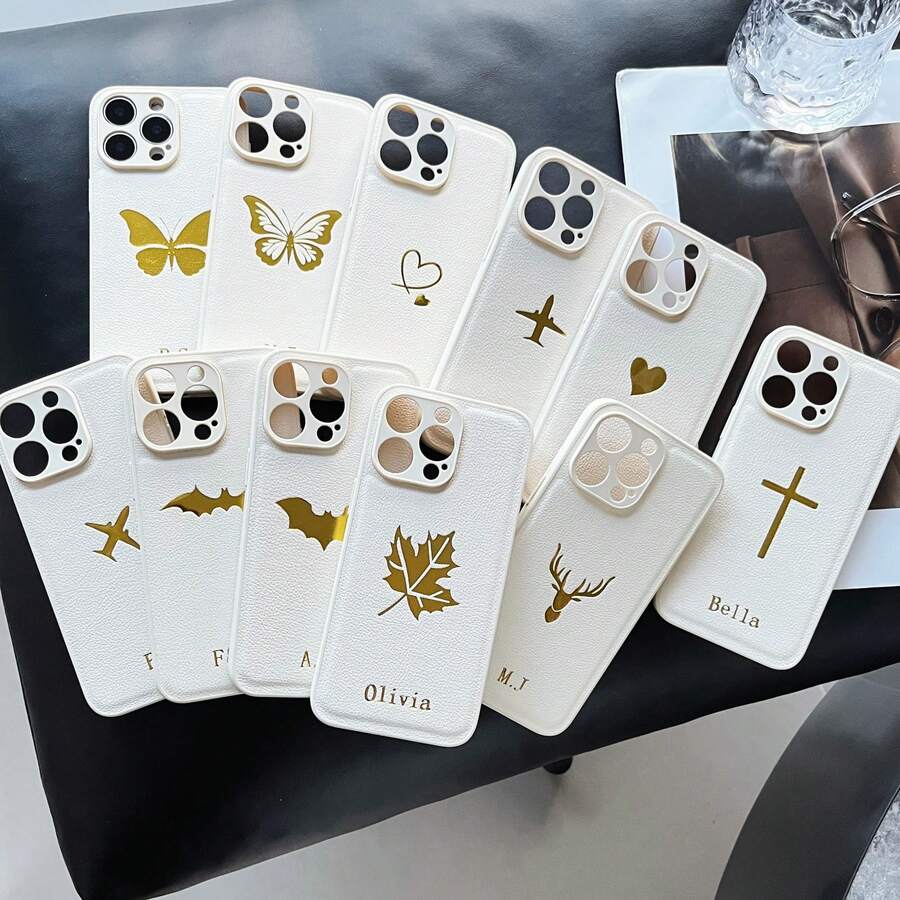 Ốp lưng điện thoại di động tùy chỉnh, Ốp lưng INS Da Hàn Quốc sang trọng Chống sốc Tên viết tắt cá nhân Khắc 3D DIY Chữ vàng Công nghệ dập nóng Ốp lưng da Quà tặng ngày lễ cho người yêu Bạn bè Gia đình Chính bạn