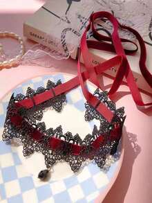 1pc Burgundy Dark Gothic Lace Velvet Strap Choker Necklace, Minimalist Lace Tie Collar Necklace, Halloween Neck Accessory