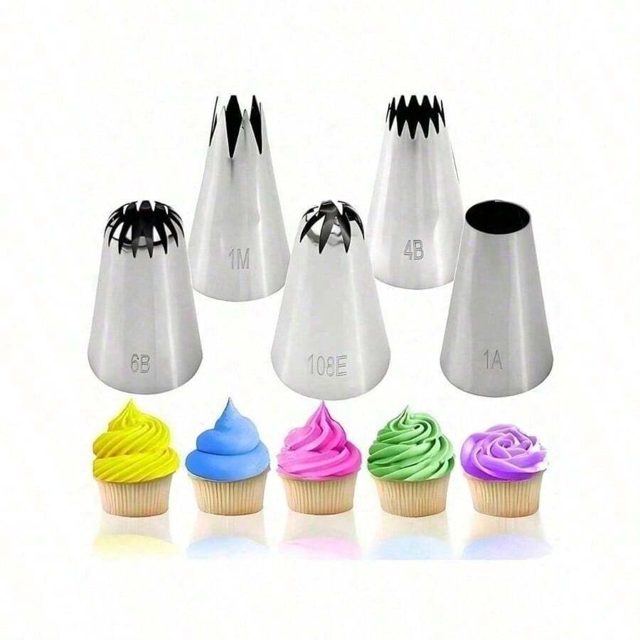 5-Piece Reusable Cream Icing Tips – Multi-Shape Piping Nozzles For Buttercream, Whipped Cream & Frosting - Bạc - Xem 1