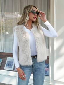 Women's Fuzzy Faux Fur Sleeveless Vest Teddy Coats Open Front Plush Waistcoat Outerwear - Khaki - View 4