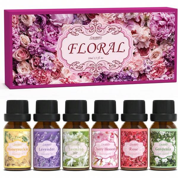  MORE BEAUTY  Kit de aromaterapia floral natural y saludable de 12 botellas, difusor y vela para crear aromas de aceites esenciales para aromaterapia, kit de regalo de aceites de aromaterapia 6x10ml - jazmín, lavanda, rosa, gardenia, sakura, madreselva.