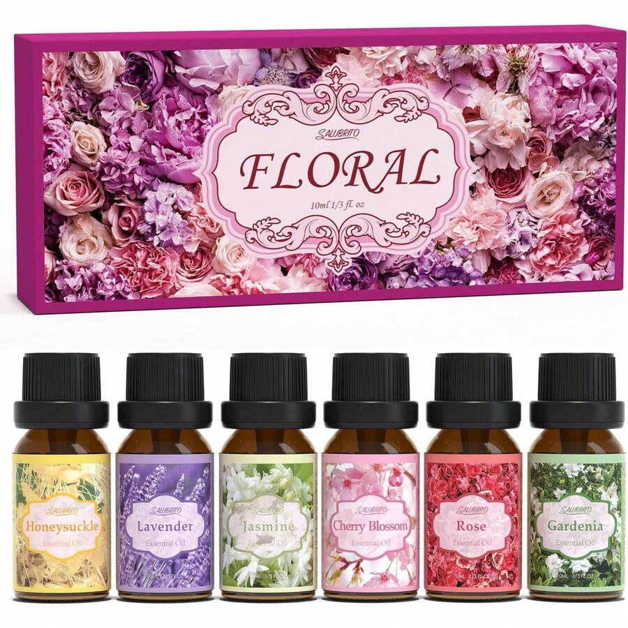 MORE BEAUTY  Kit de aromaterapia floral natural y saludable de 12 botellas, difusor y vela para crear aromas de aceites esenciales para aromaterapia, kit de regalo de aceites de aromaterapia 6x10ml - jazmín, lavanda, rosa, gardenia, sakura, madreselva.