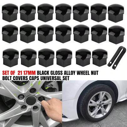 2Set (21pcs/Set) 17mm Black Gloss Alloy Wheel Nut Bolt Covers Caps Universal Set For Any Car