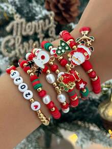 Juego de 6/7 piezas de pulsera de arcilla polimérica multicapa con elementos navideños coloridos y cuentas con letras, pulsera personalizada con colgante creativo de árbol de Navidad, muñeco de nieve y ciervo, pulsera elástica con diseño de Papá Noel y gorro/zapato de Papá Noel, adecuado para uso diario, citas, fiestas y regalos festivos para mujeres