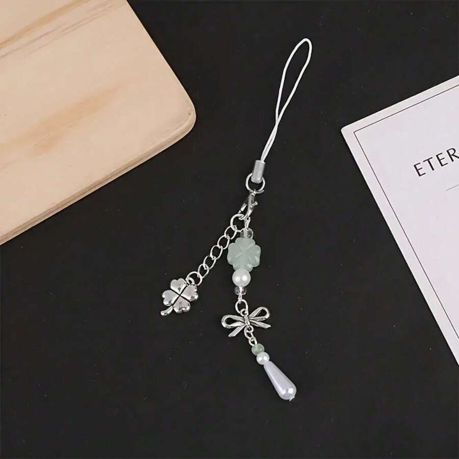Water Drop Pearl Four-Leaf Clover Handmade Beaded Girl Mobile Phone Chain Ancient Card Photo Album Pendant Bag CCD Pendant - dây đeo điện thoại di động hình cỏ bốn lá - Xem 1