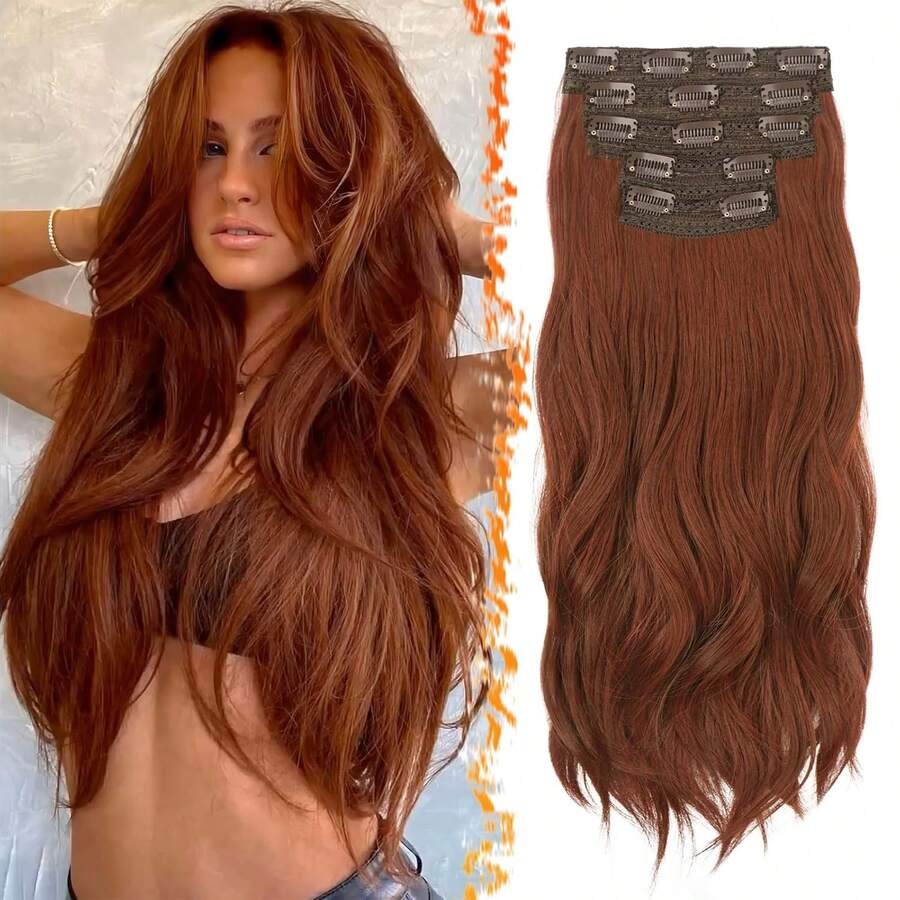 FESHFEN Clip-In Extensions, 50 Cm Wavy Clip-In Hair Extensions Blonde For Women, 5 Pieces, Natural Hair Extensions, Synthetic Hairpiece, Hair Extensions - 中赤褐色 - View 1