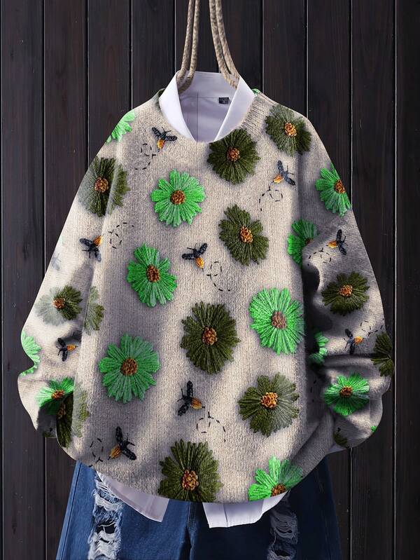 Women's Lightweight All-Over Floral Print Sweater - 3D Daisy Pattern, Casual Crew Neck Long Sleeve Top, Suitable For All Seasons, Cute Design, Comfortable Clothing