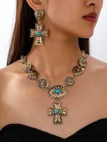 OABE 3pcs/Set Vintage Boho Style Textured Carving Heart/Cross Pendant With Turquoise Inlay Women Jewelry Set Including Necklace And Earrings, Western Charm For Daily Wear - Love Cross Set - View 2