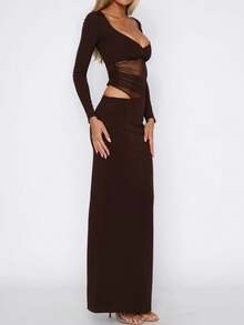 Sexy Y2K Mesh Patchwork Long Sleeve Dress, Sheer Black French Elegant Design Dress For Dates And Parties - Brown - View 4