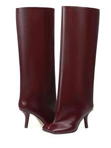 Women Wide Calf Boots Stiletto High Heels Pull On Knee High Suede Square Toe Fashion Luxury Sexy Tall Slouchy Shoes - 酒紅色 - 查看 2