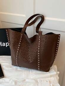 新款时尚女士豹纹托特包，大容量，复古优雅，适合约会，逛街，百搭，秋冬 - 咖啡 - 查看 3