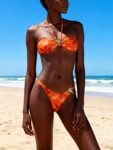 3pcs/Set Elegant Women Orange Orchid Print Bandeau Bikini Set With Swim Maxi Skirt For Summer Beach Vacation Holiday Outfit