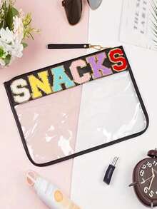 1 Pc Snack Storage Pouch, Transparent PVC Zipper Bag, Embroidered Letter Handheld Cosmetic Pouch, Portable PU Waterproof Toiletry Bag With Zipper Closure For Daily Use, Travel Trips, Office Desk And Makeup Kit Organization Wash Bag For Travel For Bathroom Large Capacity Makeup Bag For Men For Women