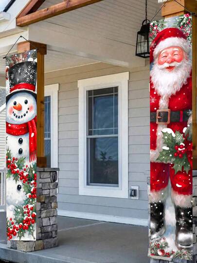 2件套圣诞门对联，圣诞挂旗，涤纶材质，雪人和圣诞老人图案，圣诞快乐家居装饰，圣诞门挂装饰，圣诞家居装饰，圣诞派对背景装饰，圣诞派对用品，圣诞装饰，圣诞拍照道具，圣诞室内外装饰，圣诞派对礼物，圣诞家居装饰