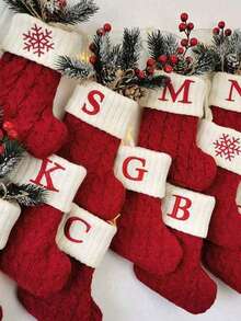 1pc Red Knit Monogram Stocking, Christmas Stocking Ornaments Gift Bags, Small Xmas A-Z Letters Snowflake Pattern Christmas Hanging Stockings Socks For Christmas Party Decorations 2026, New Year Party Favors Supplies, Christmas Decor, Christmas Party Supplies, Christmas Hanging Decor For Tree Fireplace , - Multicolor - View 4