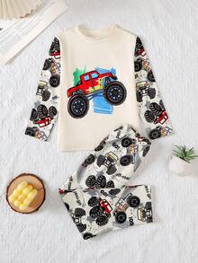 BrownBark Conjunto de 2 piezas de camiseta de manga larga con cuello redondo y gráfico de carro todoterreno + pantalones casuales para niños pequeños, ropa casual cómoda para niños, adecuada para uso diario, excelente como regalo diario