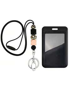 1pc Cute Leopard Print Silicone Bead Teacher Lanyard For ID Card Holder, Keychain And Key, Black And White Gray Neck Keychain Silicone Bead With Cell Phone Lanyard, Good Gift For Women, Students And Office Workers