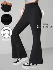 Women's Plus Size Solid High Waist Flare Pants, Yoga Sport Pants, Compression Leggings, Running And Fitness Pants, Women's Clothing, Women's Leggings, Women's Summer Pants - 全黑 - 查看 3