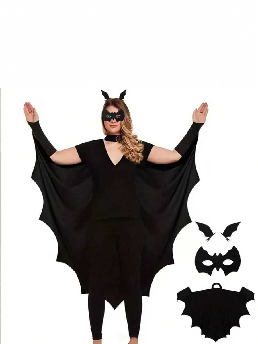3pcs/2pcs Bat Costume Set, Includes Black Cape, Lace Bat Eye Mask, Bat Headpiece, Unisex Halloween Cosplay Party Accessories