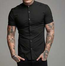 Men's Luxury Priest Collar Dress Shirt With Short Sleeve Slim Fit Linen And Viscose Premium Fabric - màu đen - Xem 2