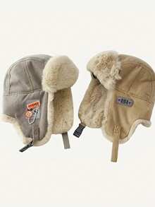 1pc Plush Plus Thickened Earmuffs Windproof Aviator Cap With Chain And Cloth Label For Men Women, Solid Color Casual Polyester Trapper Hat, Winter