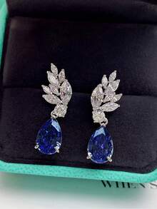 1 par de brincos elegantes de zircônia cúbica amarela para mulheres, para casamento, noivado, aniversário, festa, joia, presente de dia dos namorados - Azul - Ver 3