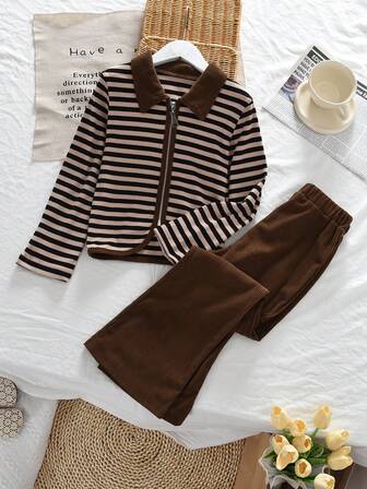 8 To 12 Years Girls Fashion Clothing Sets Fall Striped Zipper Lapel Long Sleeved Top And Solid Color Pants Two Pieces