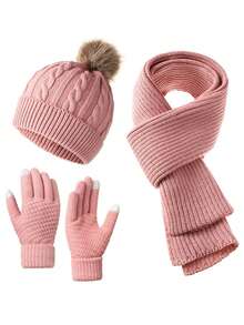 3pcs Winter 2025 New Women Thick Knitted Beanie Hat, Scarf & Gloves Set, Outdoor Cycling Warm 3 PiecesSuit, Solid Color Valentines Gift - Multicolor - View 9