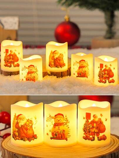 6支装圣诞无焰闪烁LED蜡烛，圣诞LED蜡烛灯，圣诞老人雪人定时茶蜡，迷你圣诞派对道具，电池供电LED茶蜡，模拟无焰蜡烛灯，家居装饰，冬季蜡烛装饰，圣诞派对装饰，桌面装饰蜡烛，圣诞节