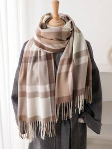 1 pieza Elegante bufanda/echarpe de mujer a cuadros multicolor con flecos de imitación de cachemira, Chal/pashmina de cachemira, Bufanda de cuello unisex estilo grueso y casual para el invierno, Chal envolvente para mujer, Suave y cómoda, Para uso diario y salidas, así como regalos navideños para miembros de la familia