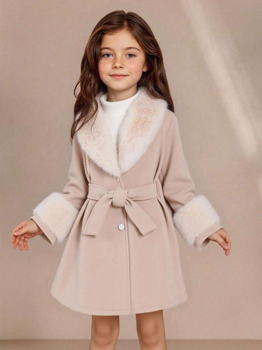 SHEIN 少女毛绒领外套，温暖又可爱 - 杏色 - 查看 1