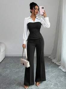 Women's Thin Striped Patchwork Elegant Casual 2-Piece Set, Long Sleeve Top And Pants, Suitable For Office And Home, Spring/Summer/Autumn